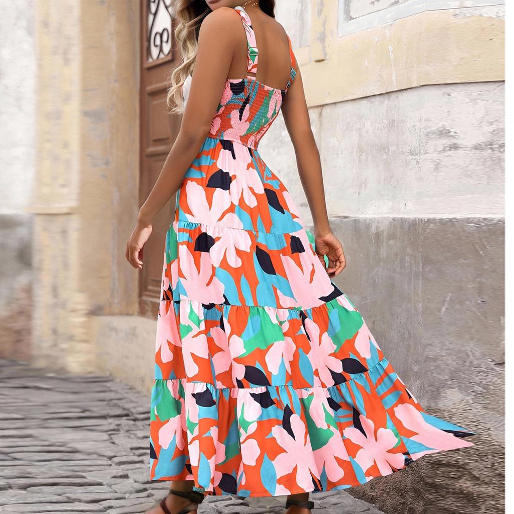 Women's Elegant Suspender Floral Print Midi Dress