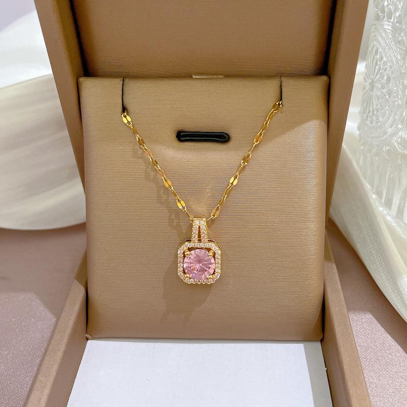 

ZAKOL 2024 New Romantic Pink Zircon Pendant Necklace Geometric Heart Shaped Flowers Titanium Steel Chain Choker Necklace Gift