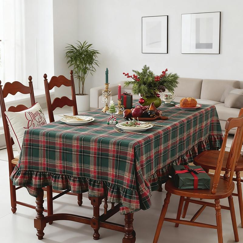 Christmas Green Plaid Ruffled Tablecloth Rectangular/Round Washable Anti-Stain Table Decorations For Kitchen Wedding Table Cover