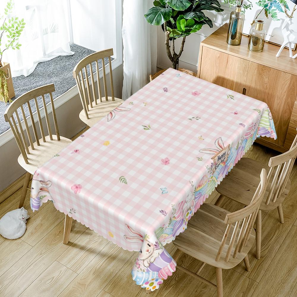 Nappe Imperméable de Pâques Rose Pastel avec Motif à Carreaux Fleurs Aquarelle Décoration Fête d'Anniversaire Fille Douce Housse de Table 90x140cm