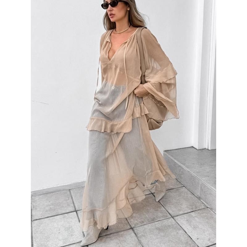 Khaki Spring-Summer New Ruffle Dress Fashion Sun-Protective Long Dress For Women