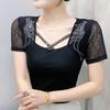 Summer Mesh Black T-shirt Chic Cross Hollow Out Hot Diamonds Tees Sexy Square Collar Short Sleeve Women's Tops Blouse