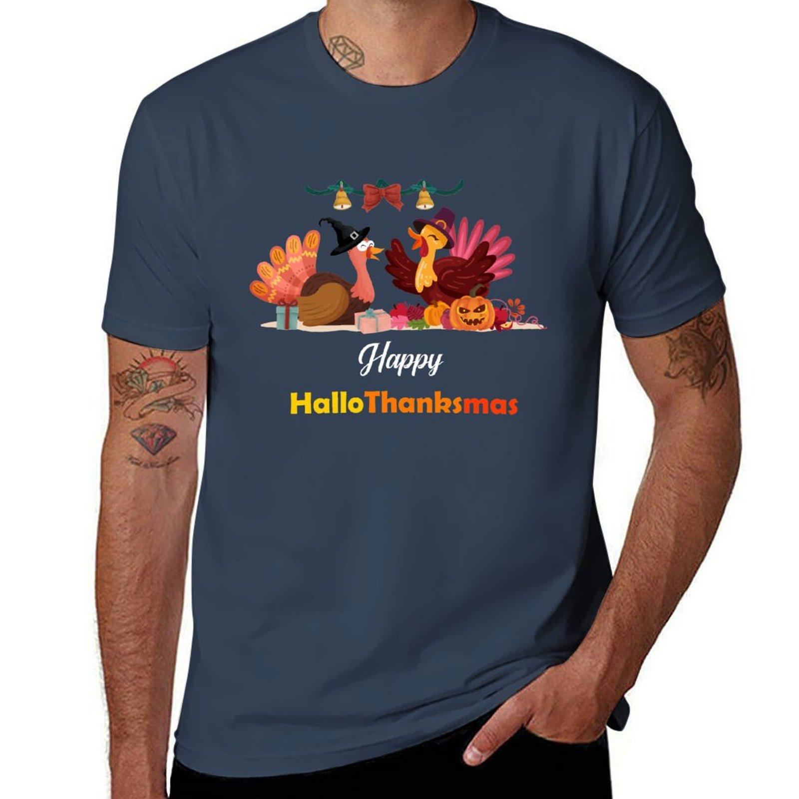 Happy HalloThanksmas Funny Halloween Thanksgiving xmas TShirt Water Resistant Casual TShirt S