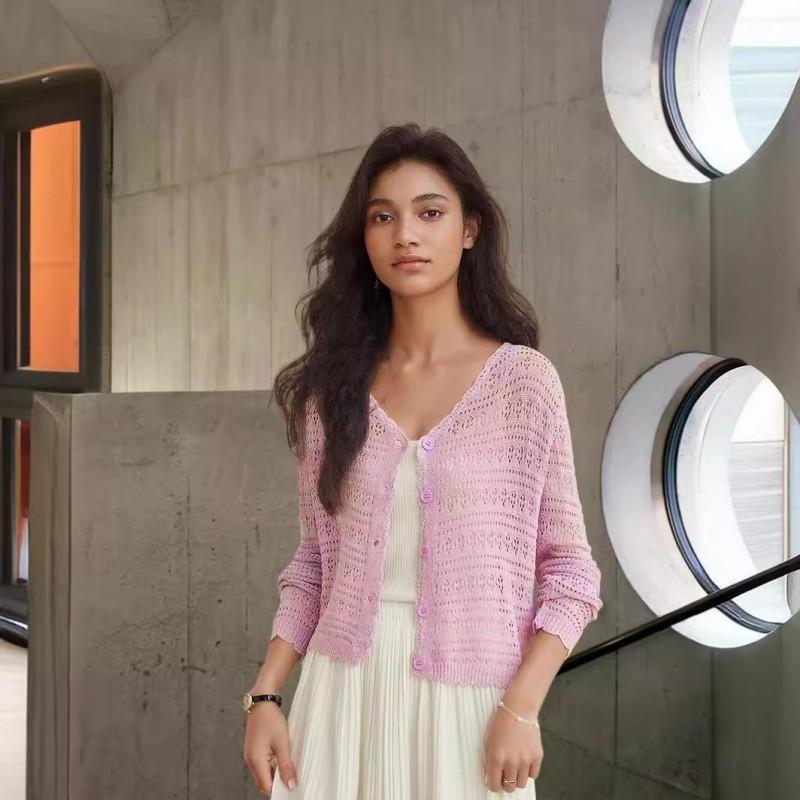 Lightweight Crochet Knit Cardigan With Buttons Sheer Mesh Cover-Up Beach Casual Wear