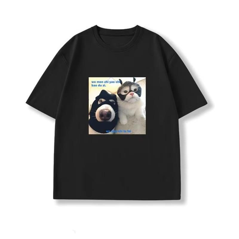 

Creative and Fun Cat and Dog Photo Printed Shortsleeved Tshirt Trendy and Versatile Casual Pure Cotton Top 4XL