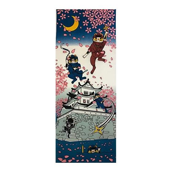 Yagisei Tenugui Ninja Lucky Cat, Printed Tenugui, Made in Japan, Auspicious Item, Sengoku Period, Shinobi, Kunoichi, Ninjutsu, Approx. 34x90cm,