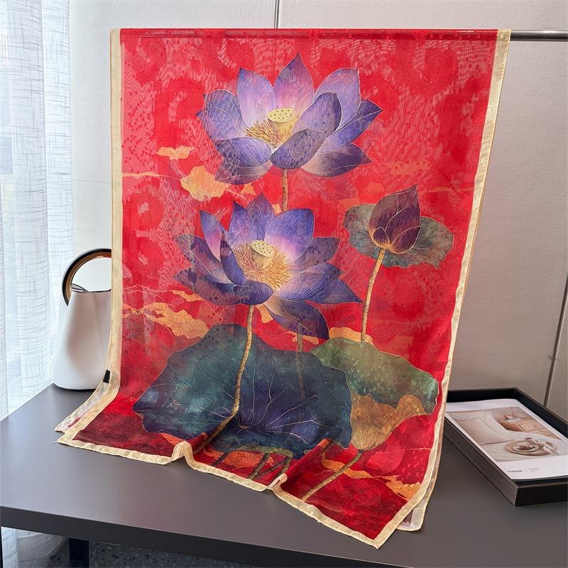 Symphony magnolia print cut flower spring and summer silk scarf large long scarf high-end travel shawl sun protection women's scarf headscarf