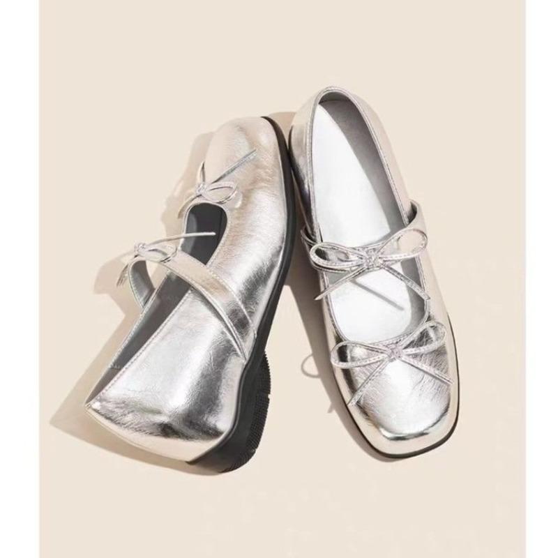 Fashion Women's French Bow Round Toe Super Fire Single Spring Studded Metal Buckle Slip-On Soft Sole Flats Mary Jane