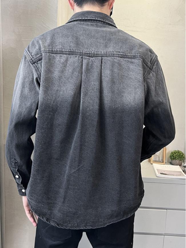 Men's Gradient Denim Shirt: Long Sleeve, Loose-Fit, American Casual Retro Jacket for Spring/Autumn.
