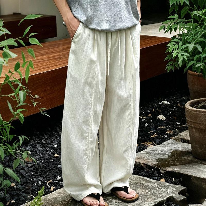 Chinese style summer thin Lyocell Tencel rain dew linen cotton and linen pants men's wide-leg old money style hemp pants