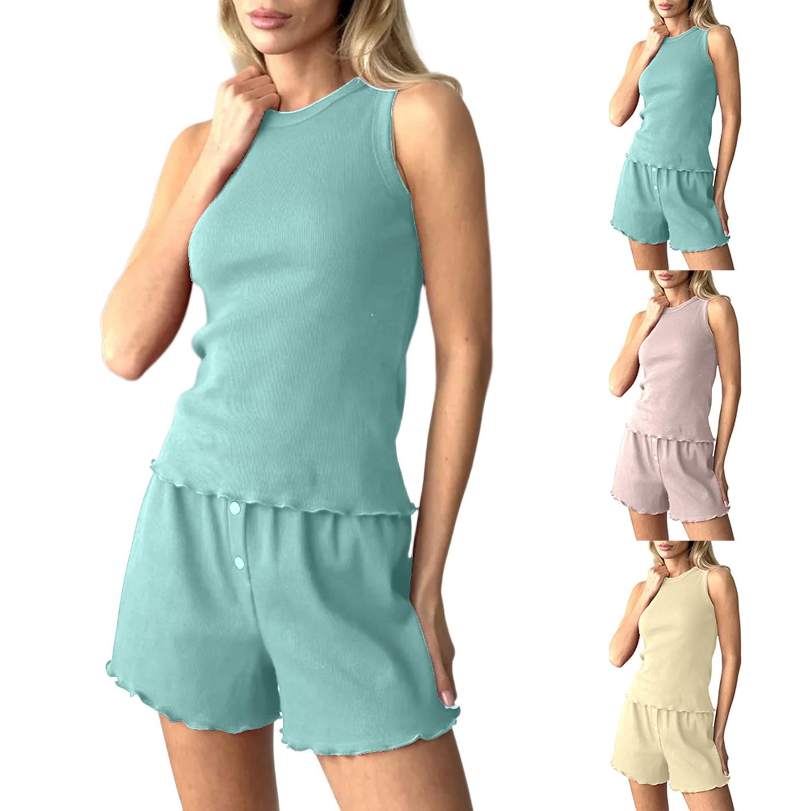 

Women s Loose Comfortable Casual Fashionable Solid Color Sleeveless Top Shorts Home Clothes Two-piece Set XL жовтий