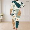 Women Plus Size Two Piece Pants Set Round Neck Long Sleeve Abstract Printed Top And Fitted Pants