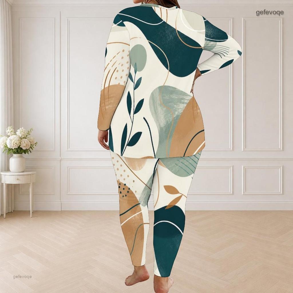 Women Plus Size Two Piece Pants Set Round Neck Long Sleeve Abstract Printed Top And Fitted Pants