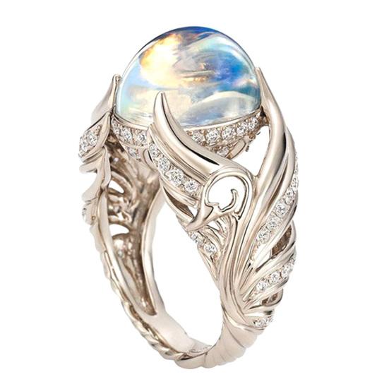 Ženy Faux Moonstone Drahokamu vykládané Wing Finger Prsten svatební šperky dárek