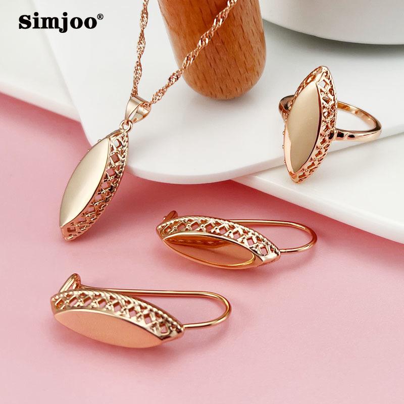 SIMJOO Glans mode ihåliga högklassiga örhängen ring halsband set