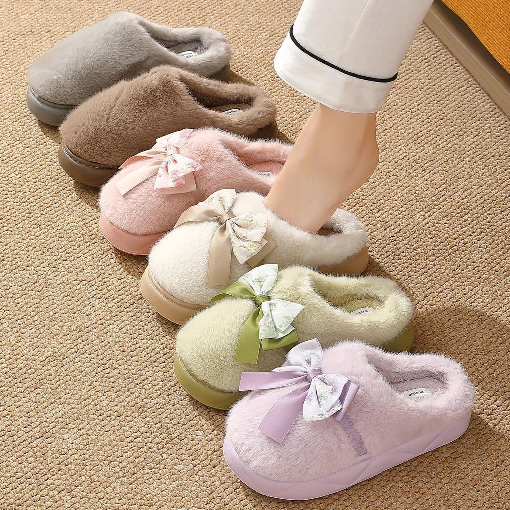 Purple Bow Cotton Slippers Autumn and Winter Home Indoor Couple Home Non-slip Plush Warm Cotton Mop