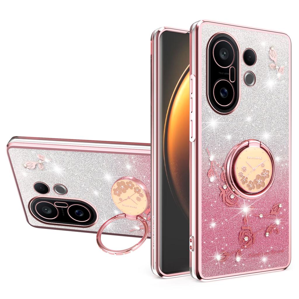 KADEM For vivo S30 Pro mini 5G Case Ring Kickstand TPU Flowers Phone Cover Gradient Glitter