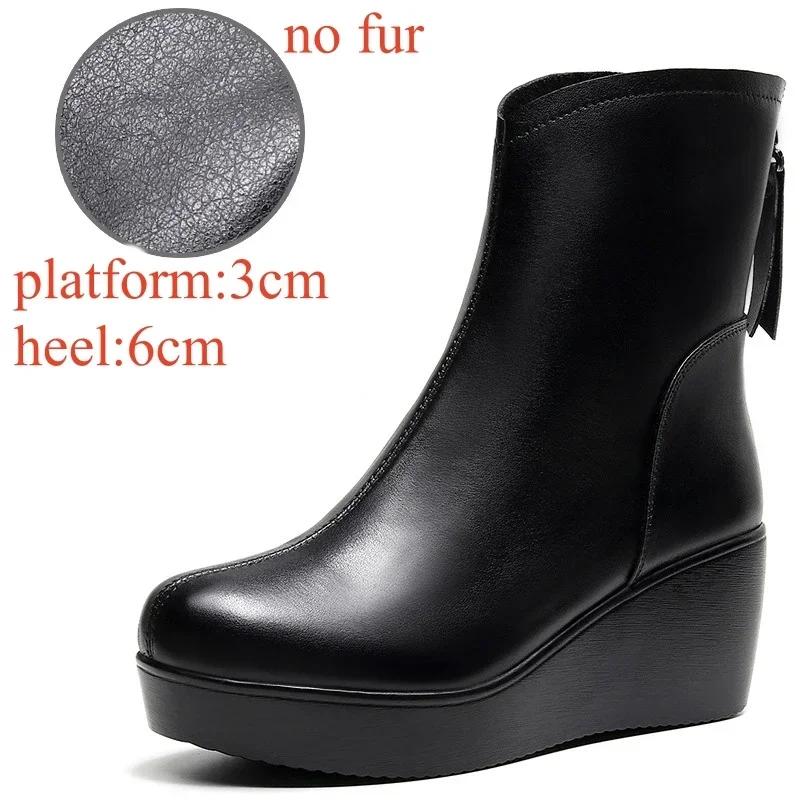 8cm Small Size 32-43 Vintage Genuine Leather Shoes Women's Ankle Boots Winter  High Heels Wedges Shoes Fur Motorcycle Boots