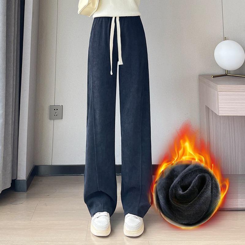 

Женские широкие брюки с высокой талией и флисовой подкладкой, осенне-зимние свободные трикотажные повседневные прямые брюки-швабры 2XL темно-серого