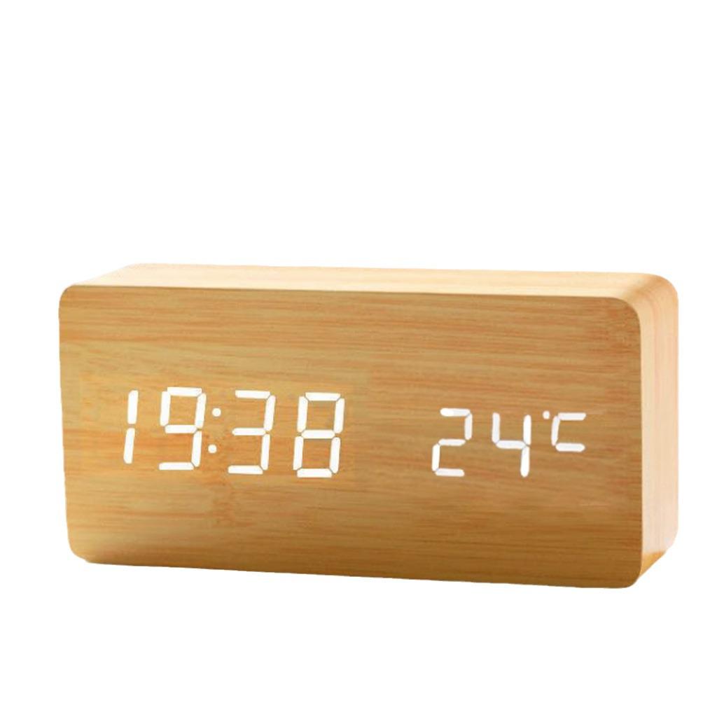 Wooden Sound-Control Luminous LED Alarm Clock with Silent Mode & Temperature Display