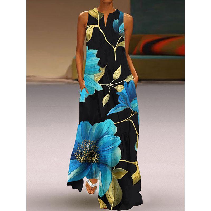 Fashion Plus Size Fancy Dress 3D Print Fashion V Neck Pocket Long Dress Large Swing Sexy Sleeveless Beach Dress