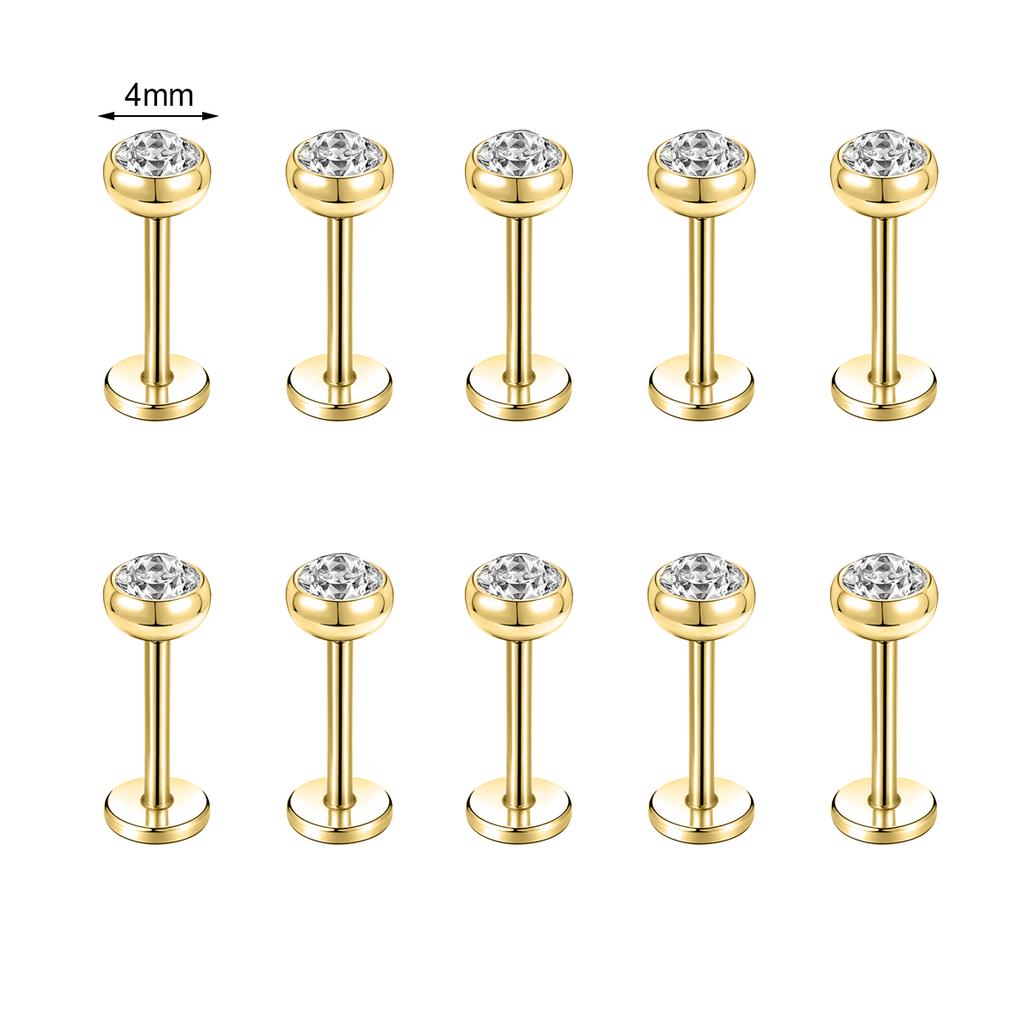 ZS 10 Pcs/lot Gold Color 16/18G Stainless Steel Labret Lip Piercing Men CZ Crystal Ear Cartilage Tragus Helix Piercings 6/8/10MM