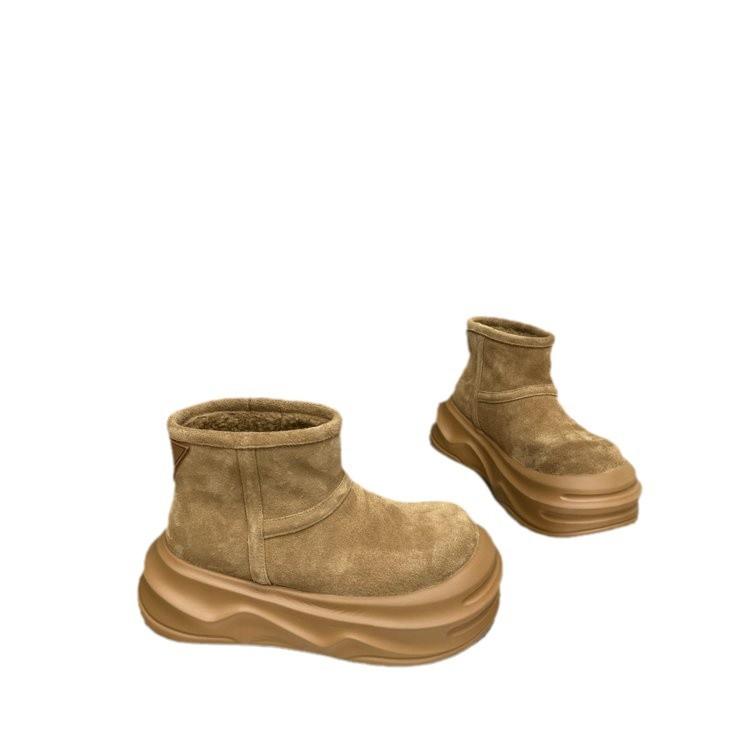 Soft Leather Version~ 2025 Winter New Ugly Cute Big Head Velvet Thickened Muffin Thick Bottom Heightening Snow Boots Women's Short Boots