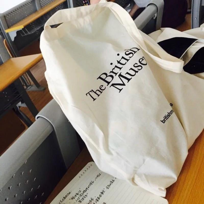 South Korea Ins Style British Museum Letter Print Thin Cotton Grey Cloth Bag Simple All-matching Shoulder