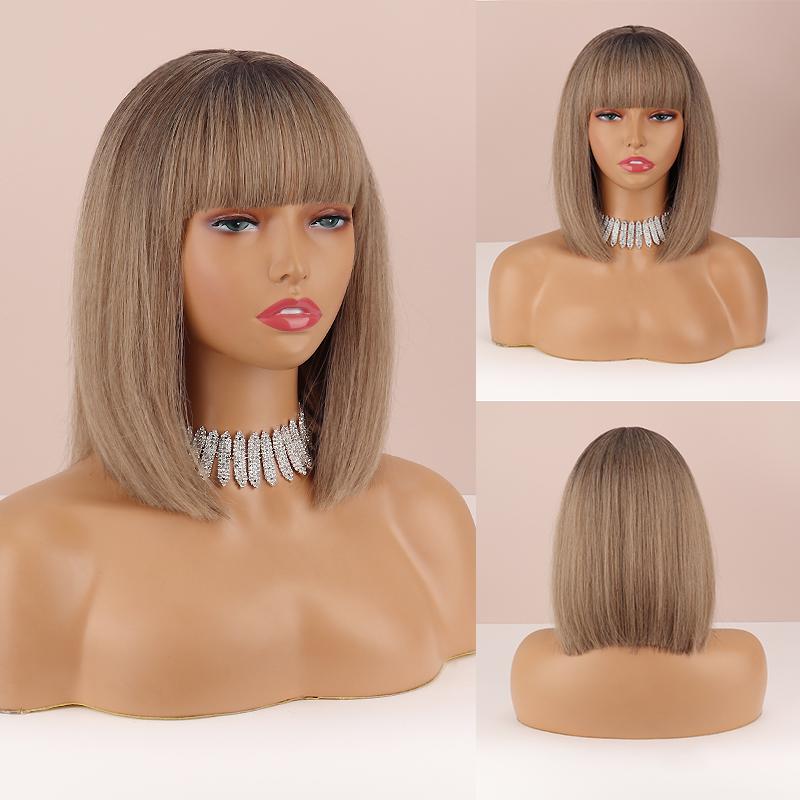 MERISIHAIR Ombre Grey Color Women Fashion Shoulder Length Natural Straight Bob Wig with Bangs Daily Wear Cosplay Synthetic Wig