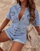 Tuta Corta in Denim da Donna con Collo Manica Corta Vestibilità Larga Vita Alta Lavaggio Vintage Tuta Corta Estiva