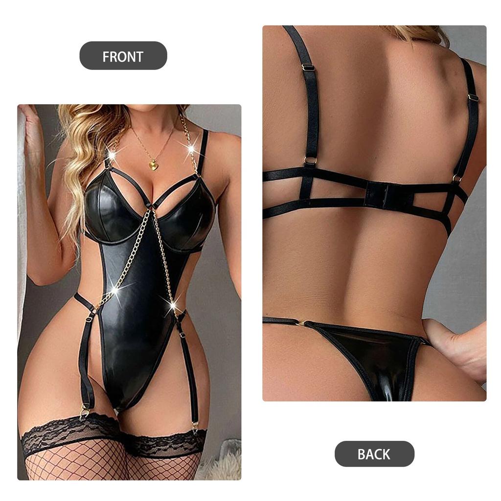 Bondage Pu Leather Bodysuit For Women Clubwear Metal Chain Halter Sexy Lingerie Garters Black Leotard Backless Sexy Teddy