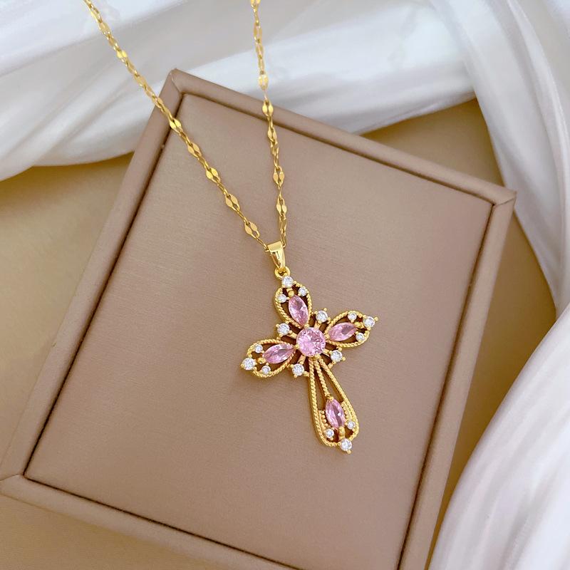 Empty Cross Light Luxury Temperament Gorgeous Full Diamond Necklace Female Versatile Collarbone Chain Titanium Steel Chain