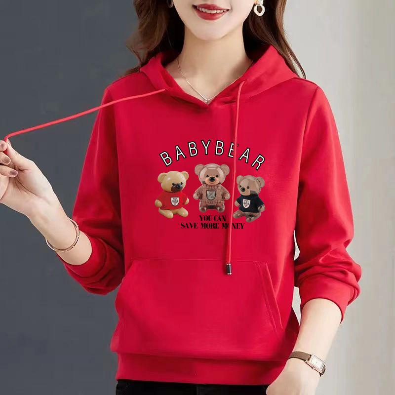 Women's Pure Cotton Bear Print Hooded Pullover Sweatshirt, Long Sleeve, Niche Design, New Spring & Autumn Style