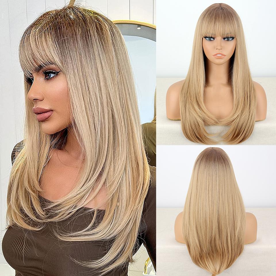 LISI HAIR Dámská přírodní rovná hnědá paruka s ofinou Syntetické vlákno Přírodní vlnitá vrstvená paruka Cosplay Denní nošení