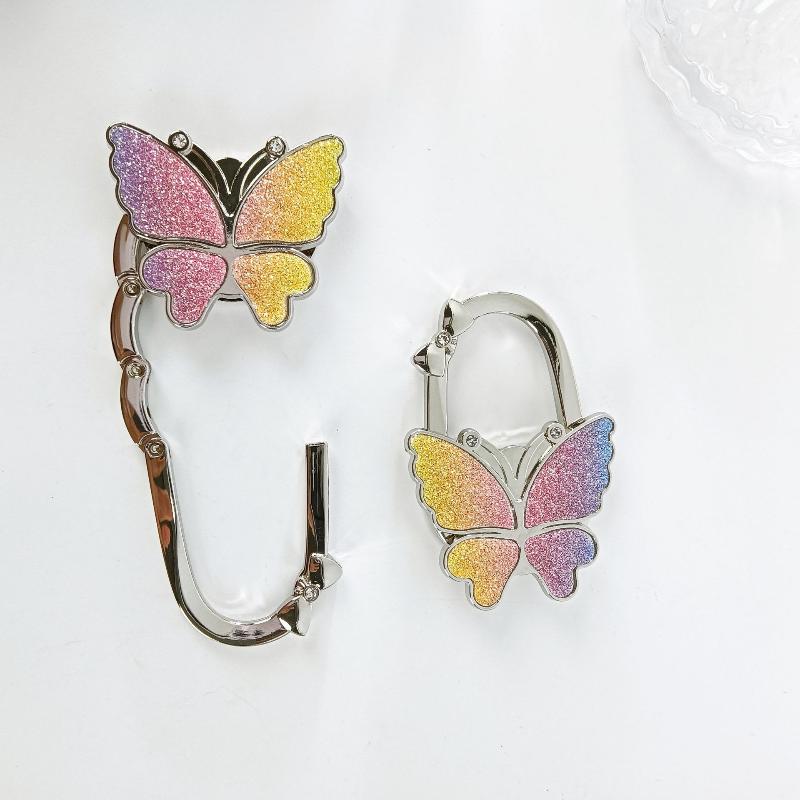 Foldable Sturdy Butterfly Purse Hook Colorful Glitter Metal Frame Table Bag Holder for Cafe Bar Outdoor Use