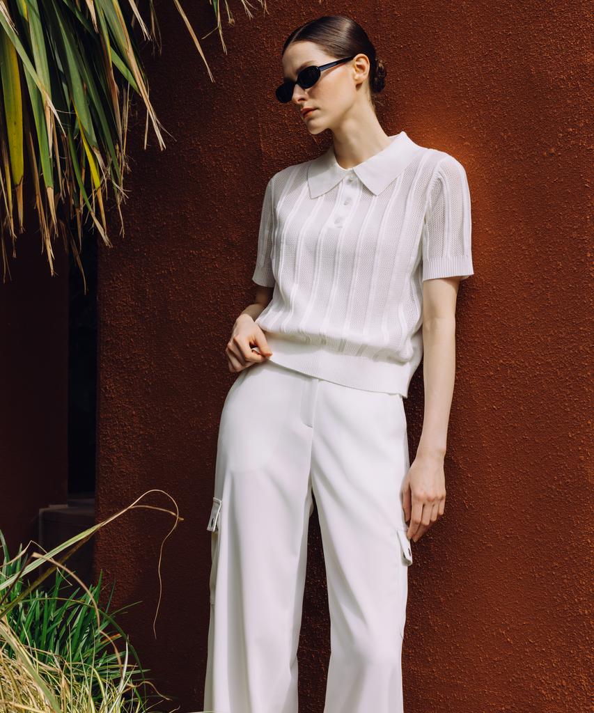 OBER GOLF Airy Stripe Collar Knit (White)