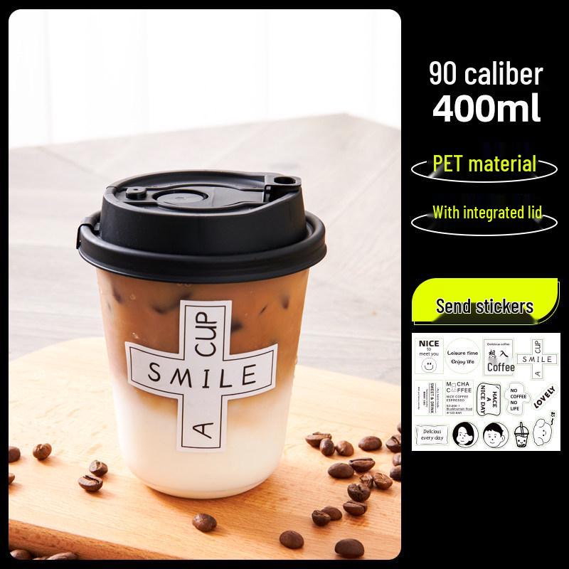 Transparent Disposable Coffee Cup with Lid, 90 Caliber, American Style for Cold Drinks, Milk Tea, Chubby Takeaway Cup