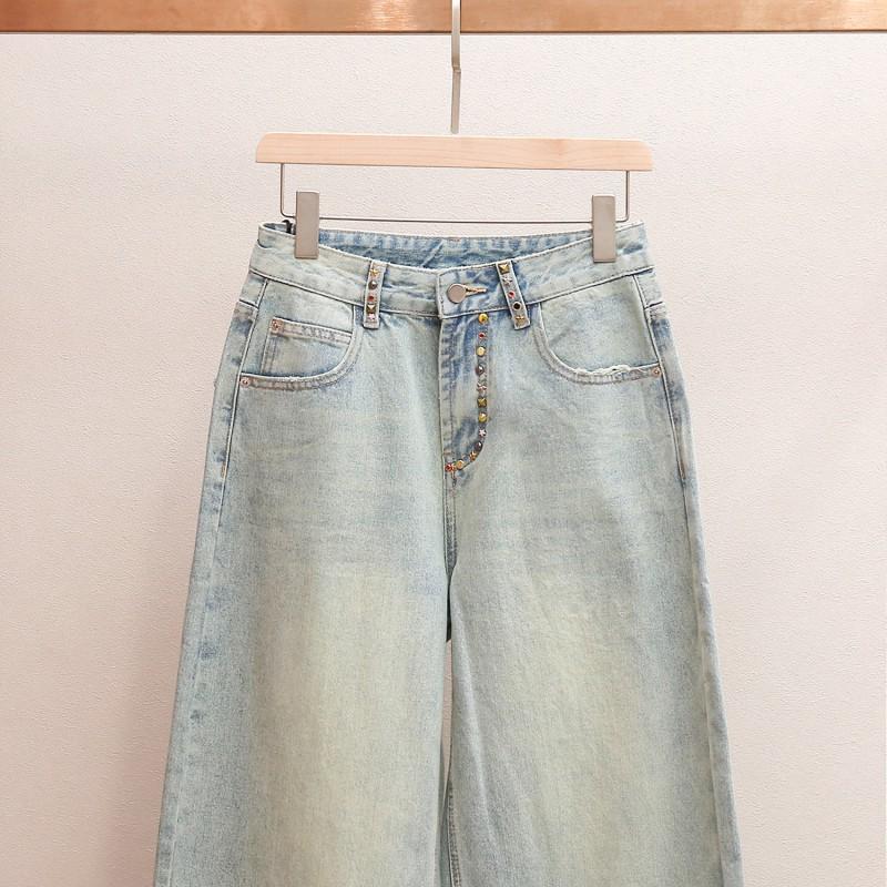 Jeans Dritti da Donna a Vita Alta in Denim con Decorazioni di Strass Misto Cotone Stile Chic da Ufficio