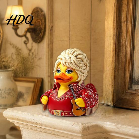 Small Desktop Display Piece Parton Memorial Duck Dolly Duck Figurine Country Music Statue Guitar-Themed Blonde Hair Musician Ornament Decorative