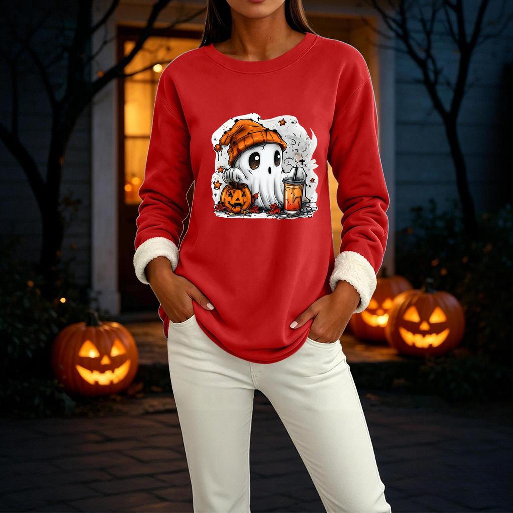 Women's Lined Long Sleeve Neck Halloween Print Top