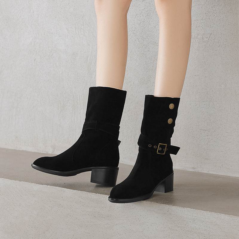 Krazing Pot Cow Suede Nubuck Winter Round Toe Modern Boots Med Heels Slip on Metal Rivets Women Mid-calf Boots