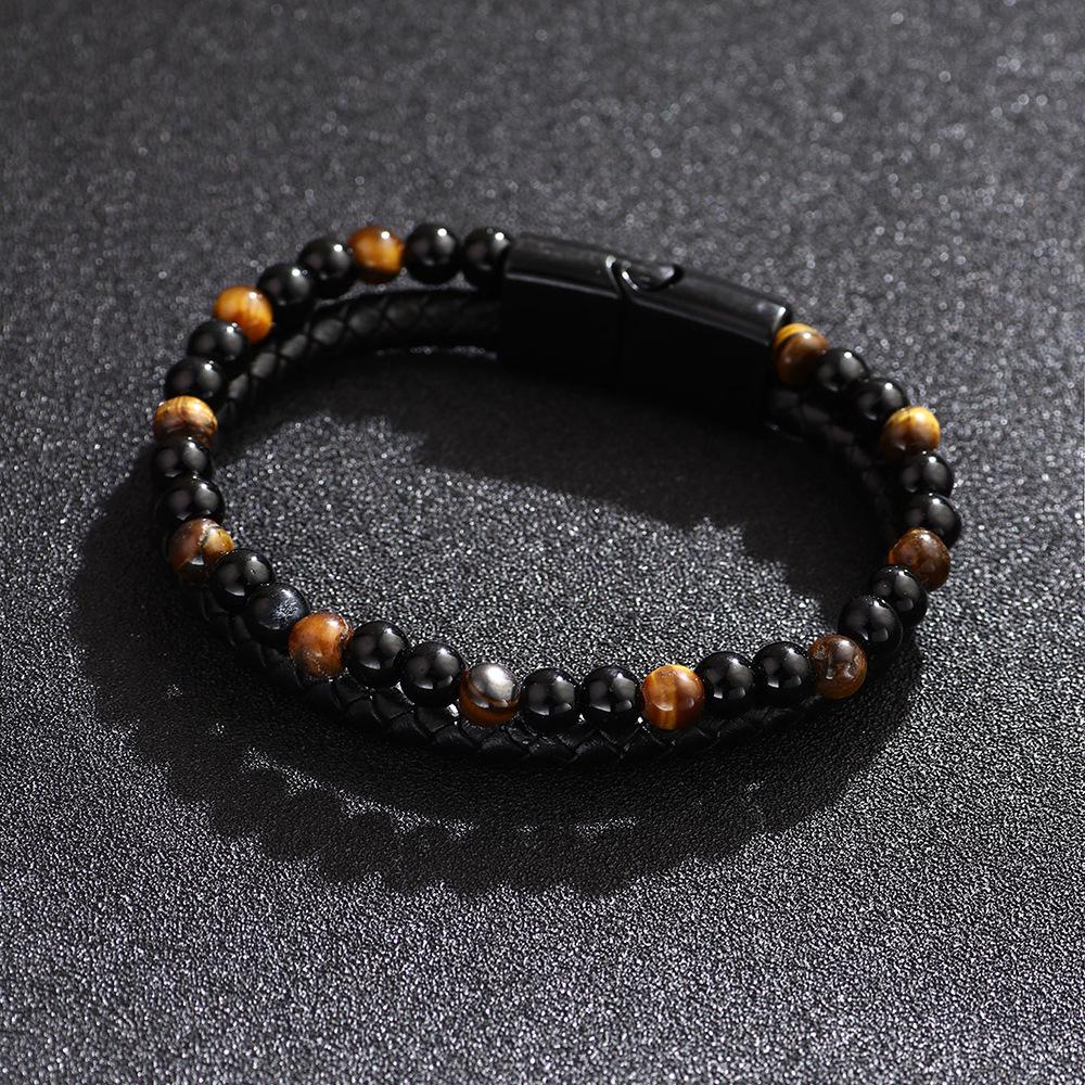 Men's Versatile High-End Natural Tiger Eye & Volcanic Stone Beaded PU Leather Bracelet