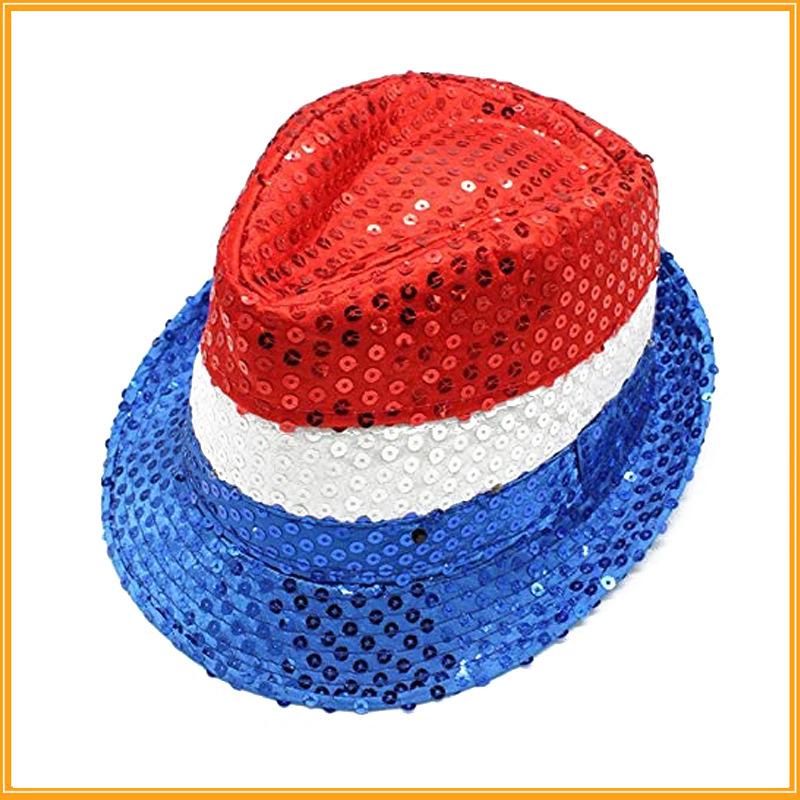 

Sequins Bowler Hat Jazz Cap stage performance Performance Cap American Independence Day Flag Colour Blocking Cap Red White Blue