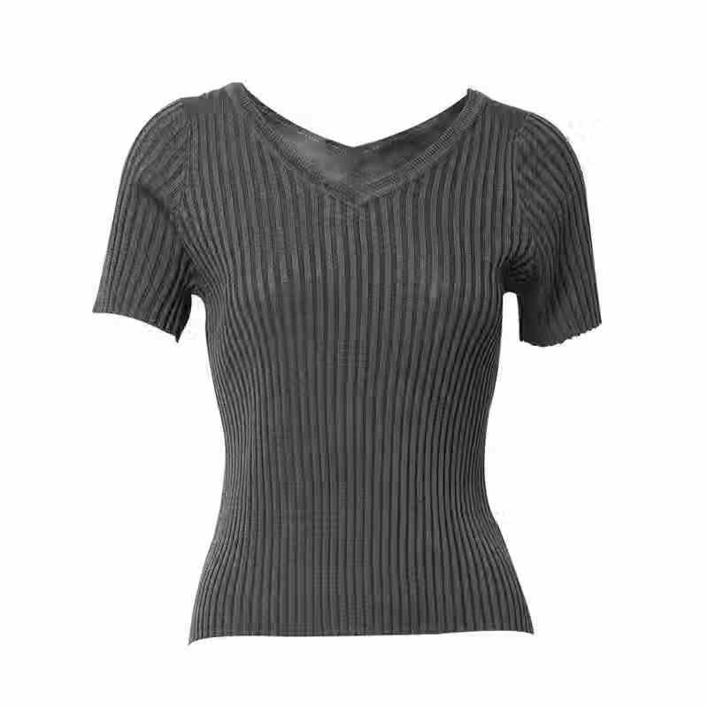 

Женский трикотажный топ Anlom с V-образным вырезом и короткими рукавами из смесовой ткани лен/трикотаж 2XL