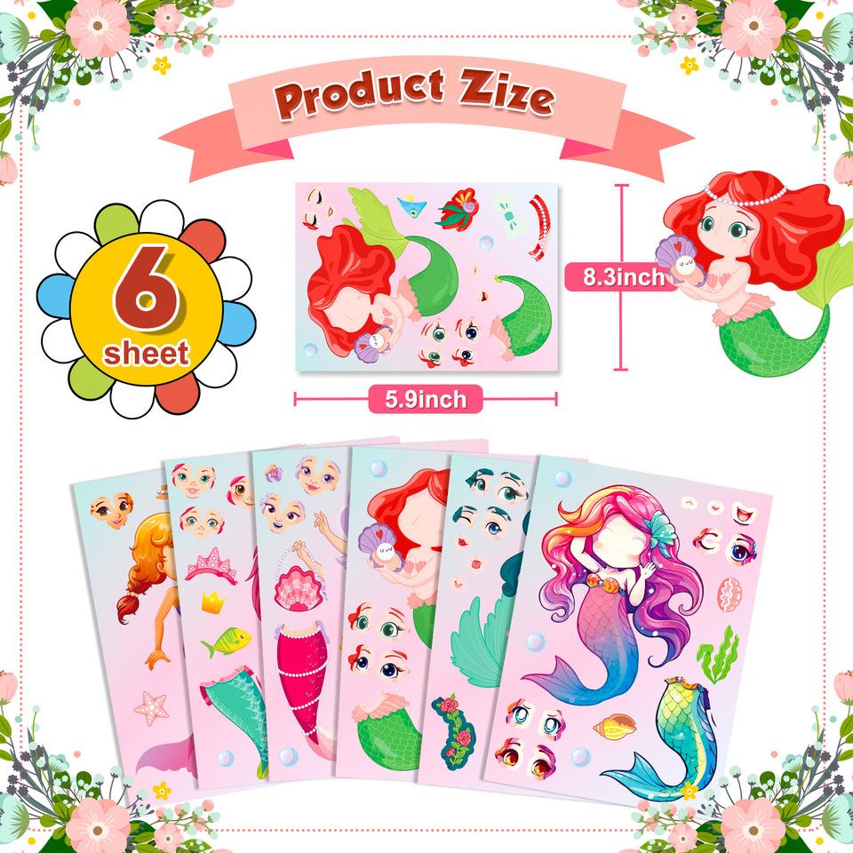 6 Sheets DIY Puzzle Stickers Princess Mermaid Face Changing Fun Jigsaw Assembly Stickers Kids Toys Birthday Gifts for Girls