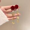 Red Retro Hong Kong Style Flocking Flower Bow Earrings - Elegant Long Design for Women, Perfect for Autumn and Winter Seasons