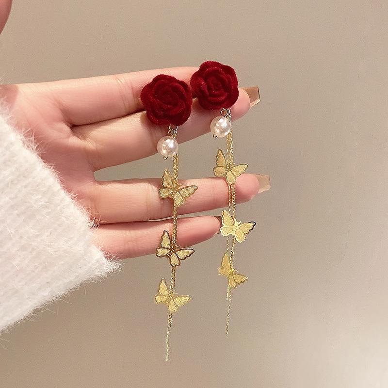 Red Retro Hong Kong Style Flocking Flower Bow Earrings - Elegant Long Design for Women, Perfect for Autumn and Winter Seasons