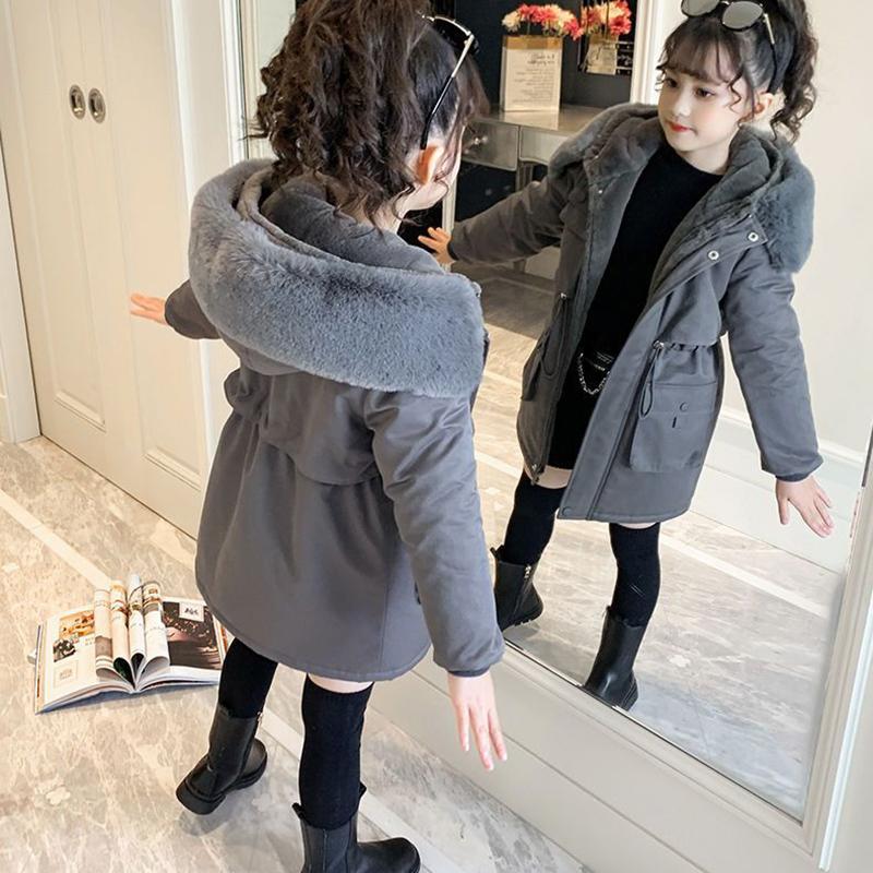 Verdickte Mädchenjacken Plüsch Samt Pelzkragen Kinder Mäntel Kinder Winter Warm Kapuzen Oberbekleidung Teenager Mode Gepolsterter Parka