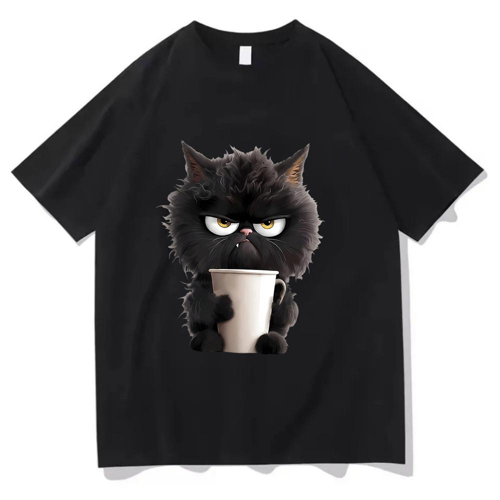 Angry Black Cat Drinking Coffee T Shirt Funny Animal Graphic Tee Vintage Aesthetic Harajuku Streetwear Top Casual Unisex Tshirt
