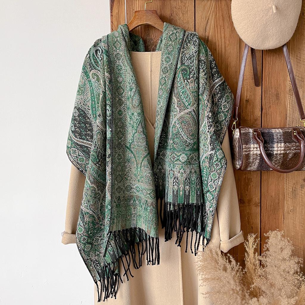 Fashion Winter Warm Cashmere Shawl - Women'S Vintage Floral Printed Tasseled Oil Painting Pashmina Thick Scarf & Echarpe
